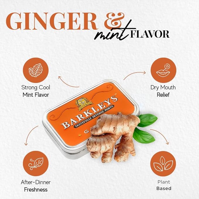 Barkleys Ginger Breath Mints - Strong Ginger Flavor Cool Mint Candy For Party, After Dinner, Wedding, Every Day Use - Vegan Breath Mints In Reusable Classic Travel Tins, 1 Pack, 50 Count Each