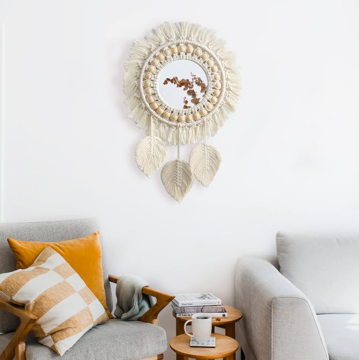 Artilady Macrame Hanging Wall Mirror - Boho Fringe Round Handmade Decorative Acrylic Mirror for Apartment Living Room Bedroom Baby Nursery Home Decor (Leaf)