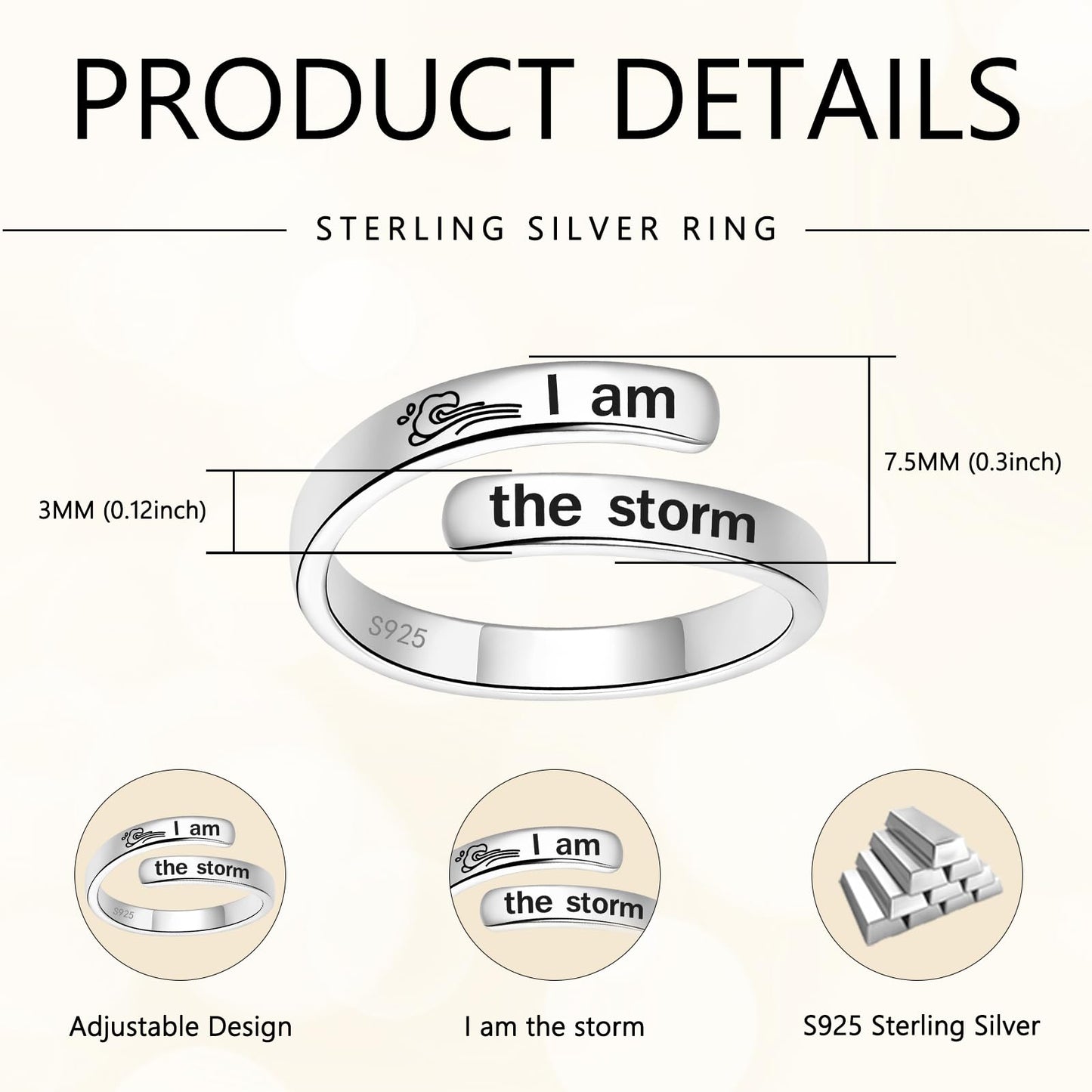 925 Sterling Silver Inspirational Jewelry Adjustable Wrap Open Ring Encouragement Gift for Women(I am the storm 3)