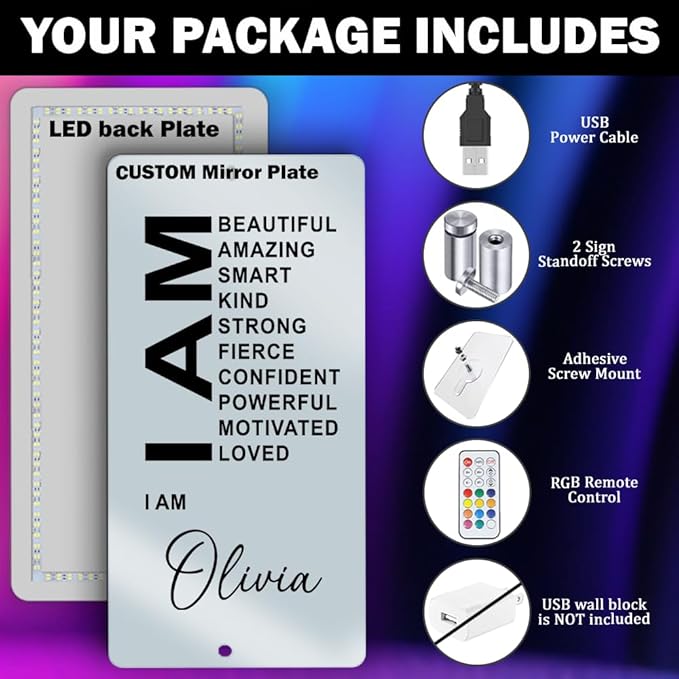 Personalized Affirmation Mirror - I Am Mirror - LED Name Light Up Sign for Wall - RGB Light - Handmade for Bedroom