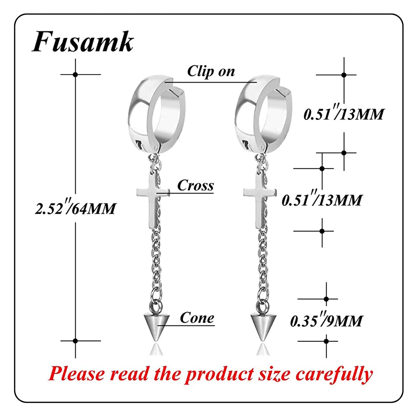 Fusamk Punk Rock Stainless Steel Cross Ear Clip Earrings Long Chain Drop Dangle Earrings(Silver)