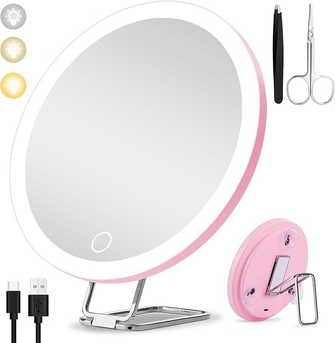 20X Magnifying Mirror with Light, Large 6inch Lighted Magnified Mirror 20x with 3 Suction Cups and 360° Table Stand, Rechargeable 3 Colors Dimming Vanity Makeup Mirror with Tweezers & Scissors