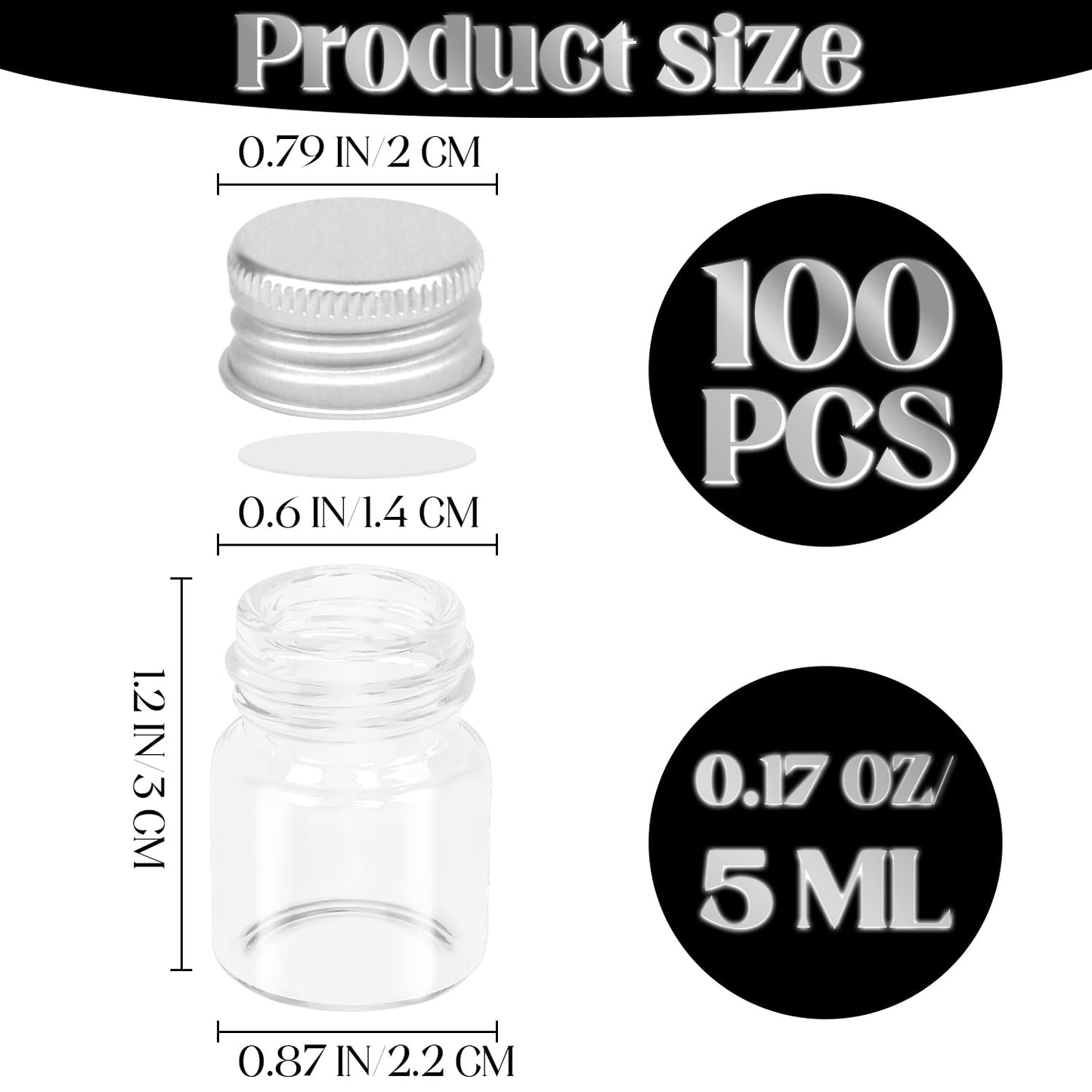 ZSDRTYU Small Glass Jars With Lids, 100 Pack 5ml Small Jars Mini Jar With Lids Glass Bottles Mini Bottles For Diy Art Craft Storage (Silver)