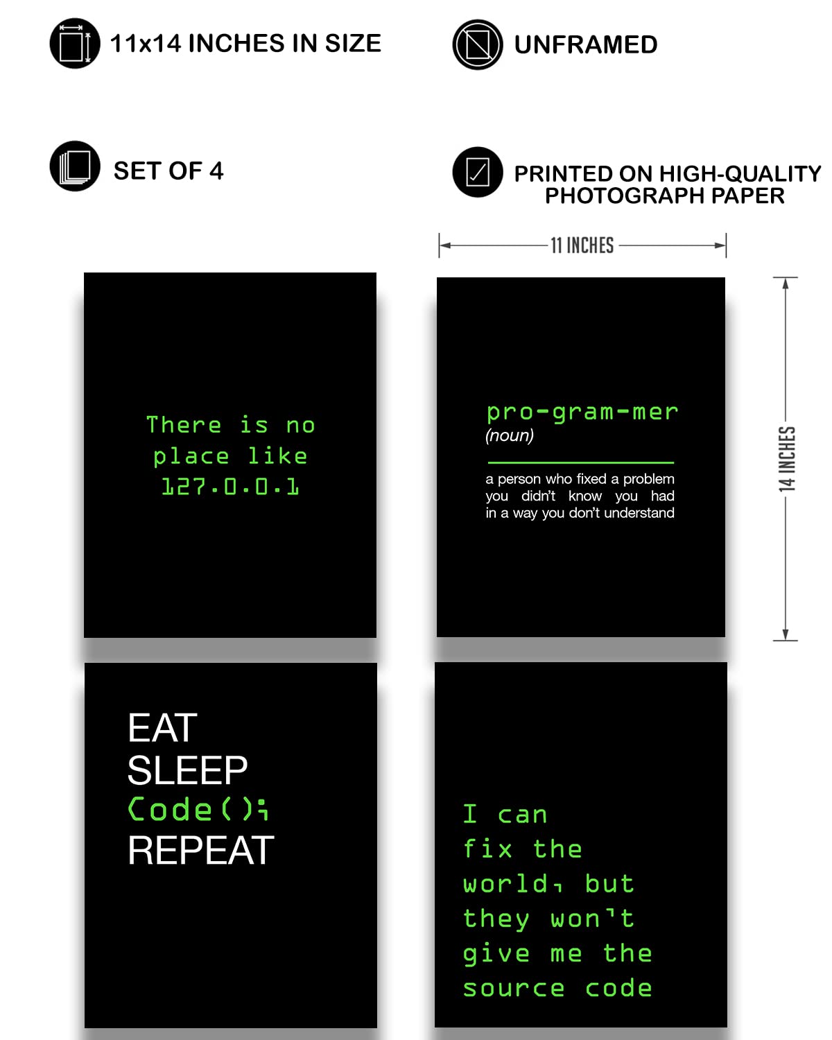Govivo Office Decor - Computer Science Art - Set of 4 Geek Wall Art - Fun Gift For ICT Teacher, Student, Coding Nerd, Computer Programmer, Dad - 11x14 unframed print