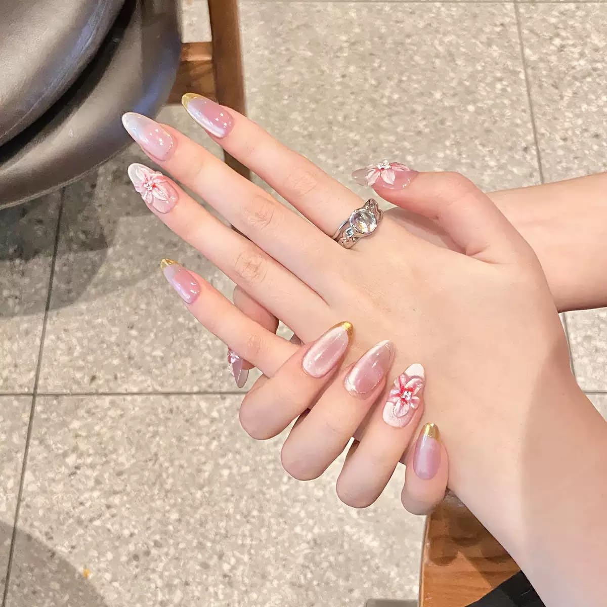 Almond Press on Nails Medium 3D Flowers Fake Nails Cat Eye Acrylic Nails Spring False Nails Gold French Artificial Nails Glossy Glue on Nails for Women Manicure Nails Decoration 24Pcs