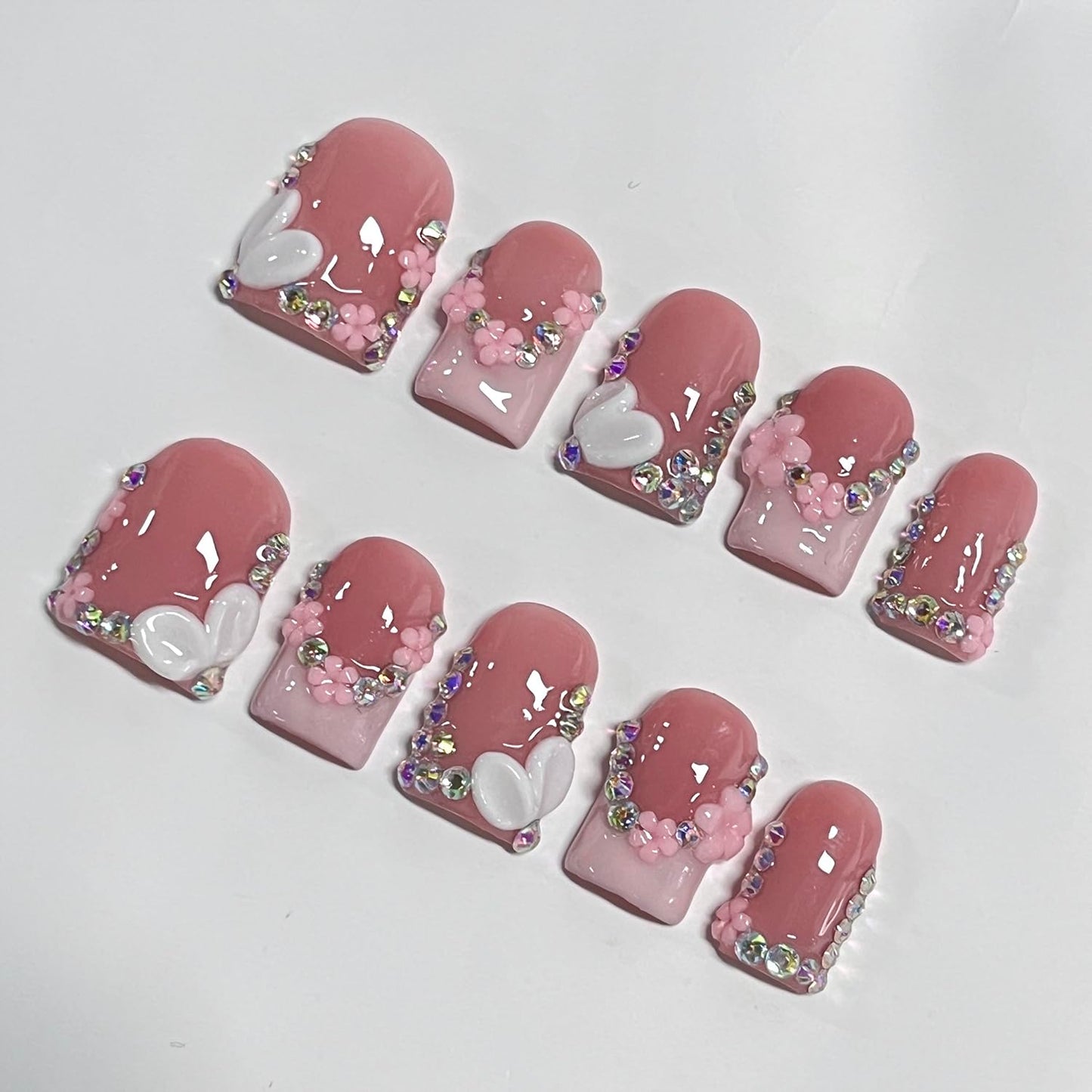 French Tip Press on Nails Handmade Short Square 3D Thick Acrylic Nails Pink False Nails with Flower Rhinestones Designs Cute Floral Fake Nail Sturdy Art Press on Nail 10Pcs(M)