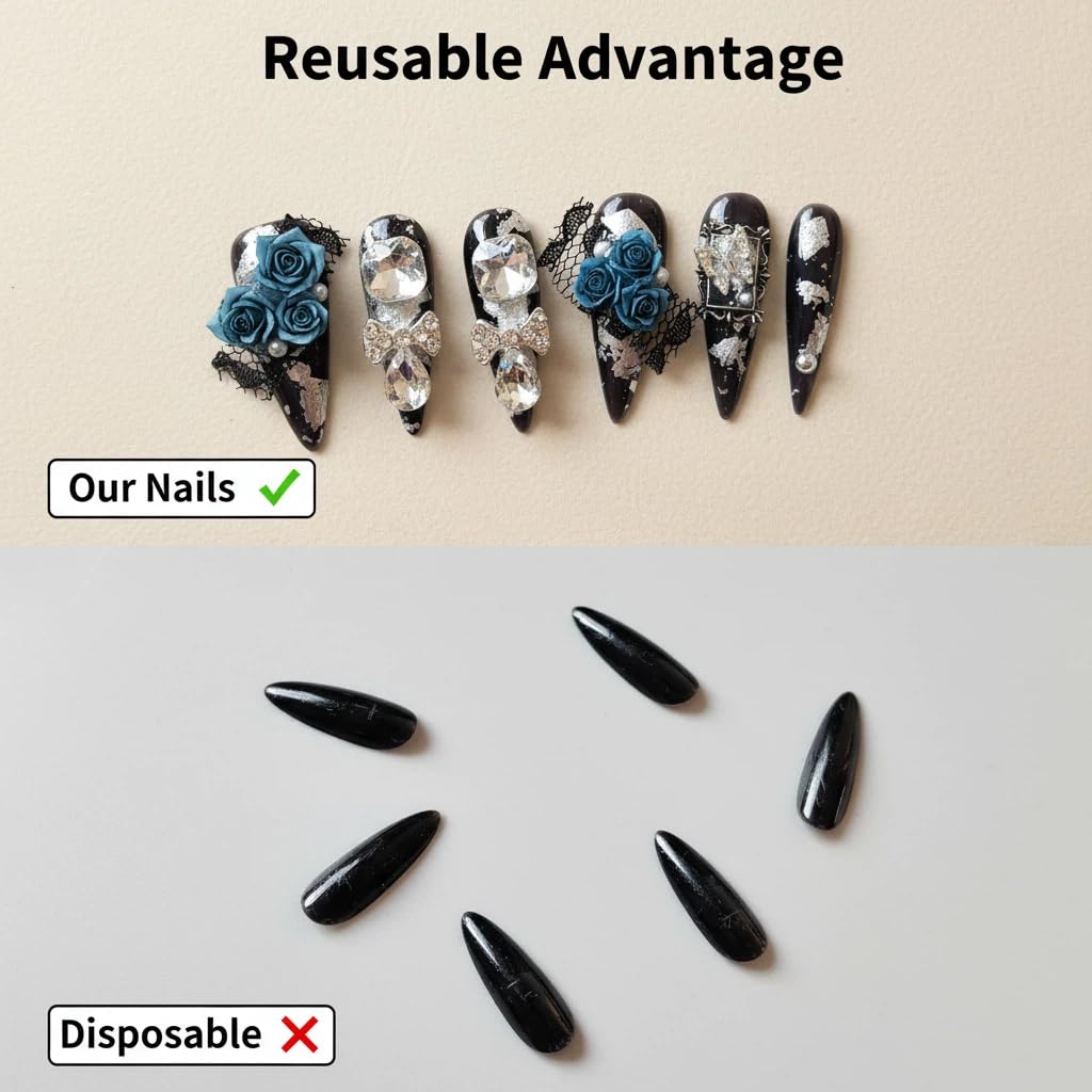 10pcs Handmade Press on Nails Long Stiletto False Nails Black Fake Nails with 3D Blue Flower Rhinestones Bow Designs Sparkly Charm luxury Artificial Nails Reusable for Women (Size M）