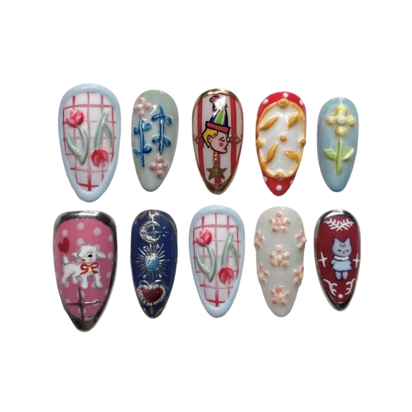 Press on Nails Medium Almond SWEKKE Fake Nails Cute False Nails with Polka Dots Flower Cat Sheep Designs Glossy Glue on Nail Full Cover Acrylic Nails for Women Girls 24Pcs