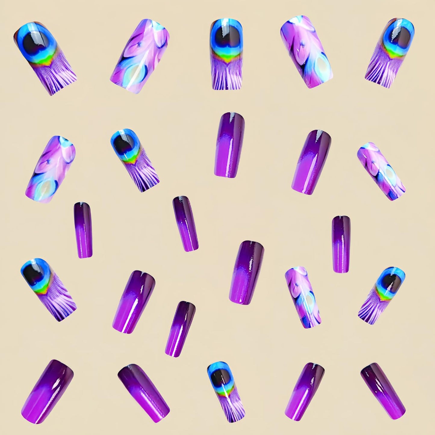 CJDLTS 24Pcs Purple Peacock Feather Pattern Design Acrylic Ballet Shaped Glitter Nails, Full Cover Coffin Nails, Glossy, Press On Nails, Medium Length, 1 Box, 24 Pieces