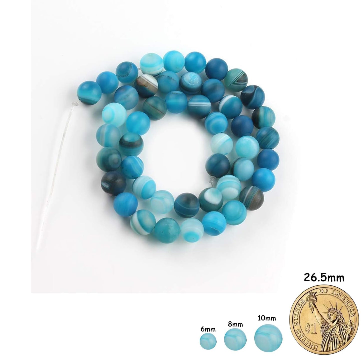 Yochus 60pcs Peacock Blue Dull Polish Matte Striated Agates Beads，6mm Healing Power Natural Stone Round Loose Beads for Jewelry Making Earring Necklace DIY Crafts