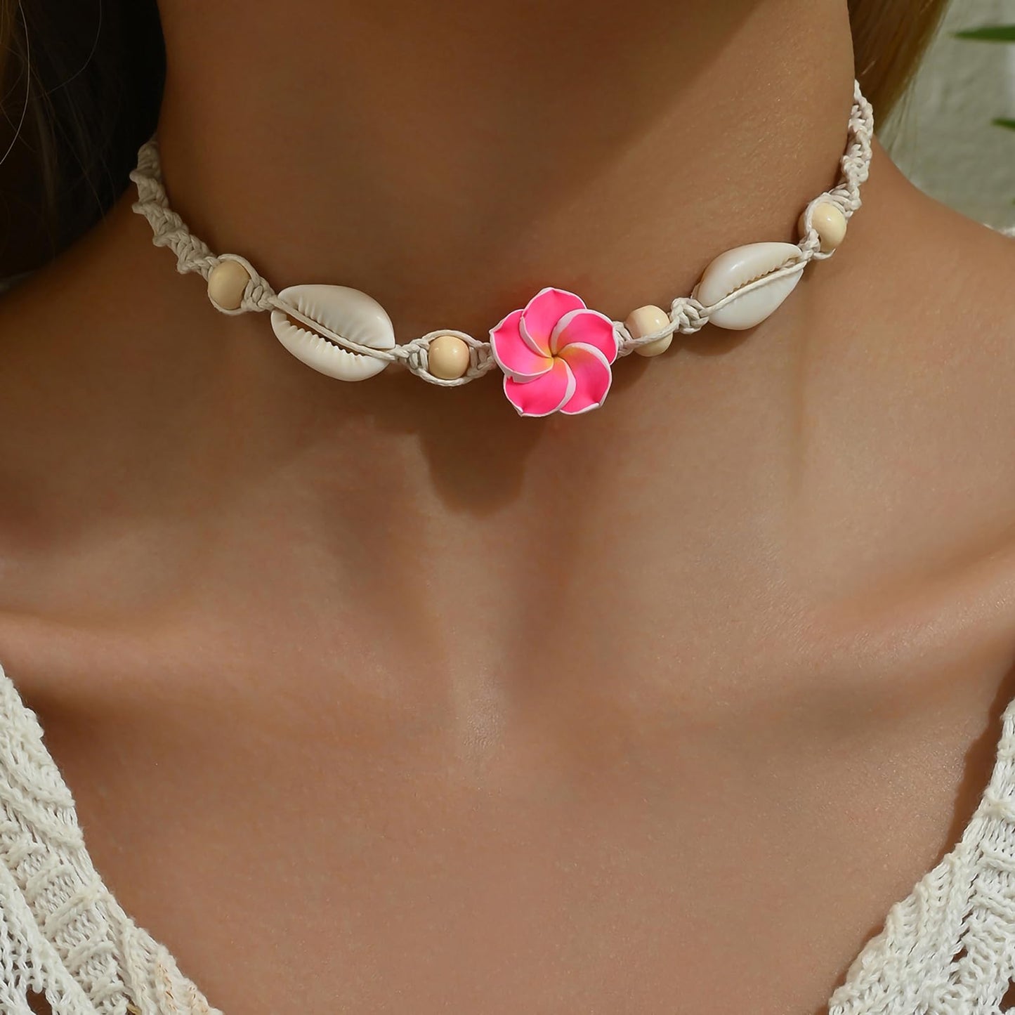 Nackiy Handmade Sea Shell Necklace Choker For Women Summer Adjustable Natural Shell Collar Necklace (Pink Flower)