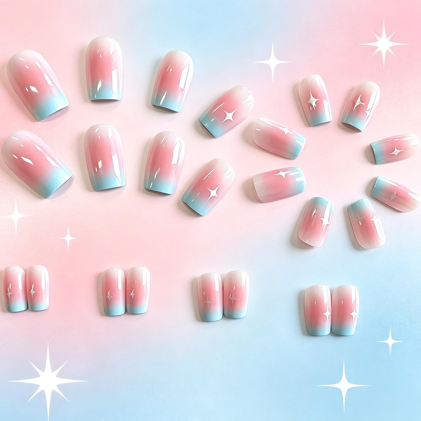 Blue Pink Ombre Press On Nails Glossy Medium Square Fake Nails with Star Design Cute Starry False Nails Reusable Acrylic Stick On Nails for Women Daily Wear, 24 Manicure Kit with Adhesive Tabs