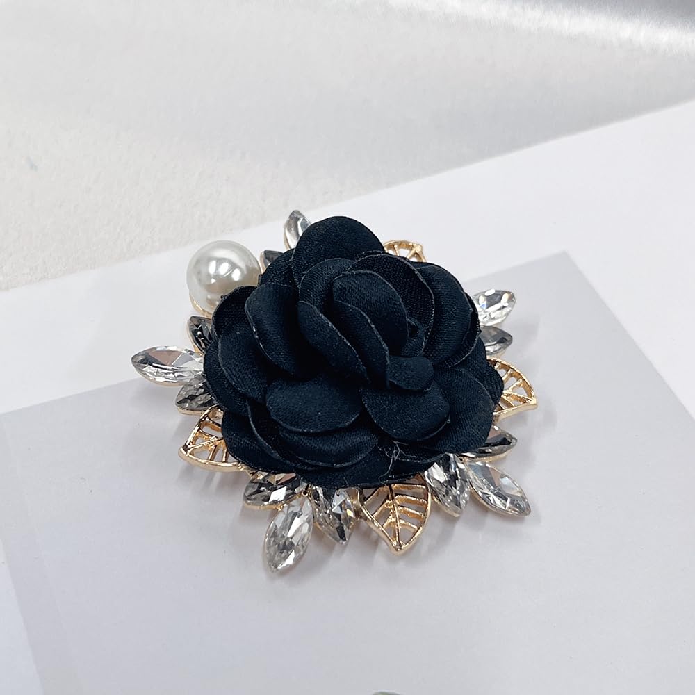 Elegant Rose Flower Brooch Pin for Women Men Wedding Party Gentleman's Essentials Handmade Imitation Crystal Pearl Fabric Flower Lapel Pin Dress Suit Accessories Boutonniere Ideas Gift (Black)