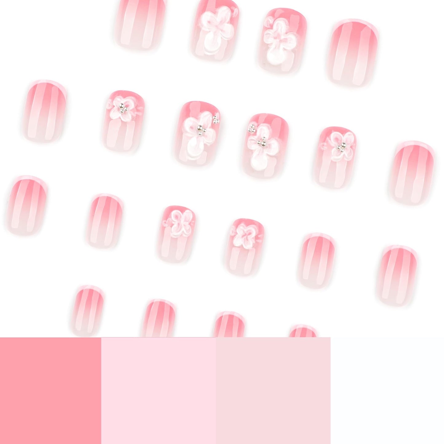 Pink Press on Nails Short Square Fake French Tip Nails wtih Cute Flower Design Acrylic Full Cover Stick on False Nails for Women Manicure 24Pcs