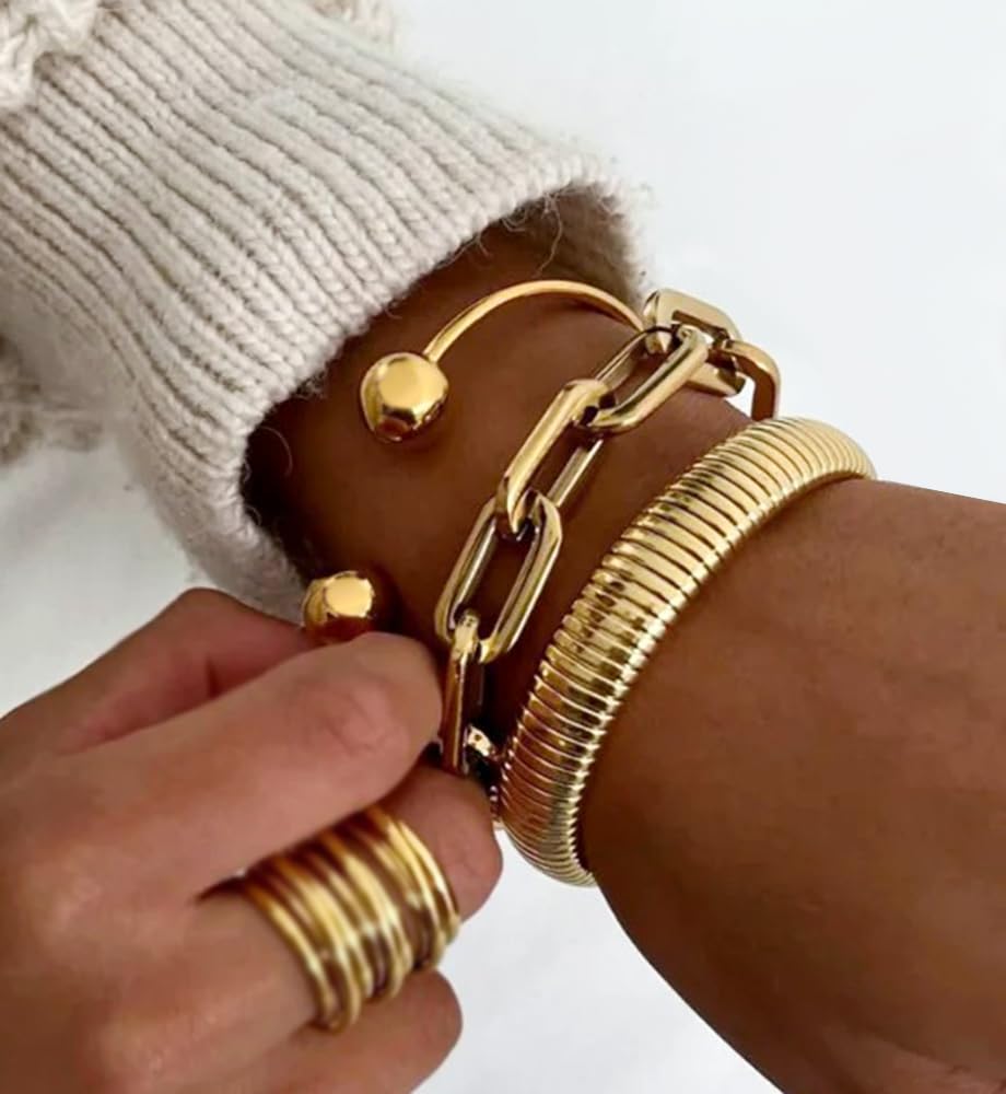 Chunky Gold Bangle Bracelets for Women, Dainty 14k Gold Plated Stackable Chain Bracelet Set, Trendy Statement Cuff Ball Bangles Stack Jewelry