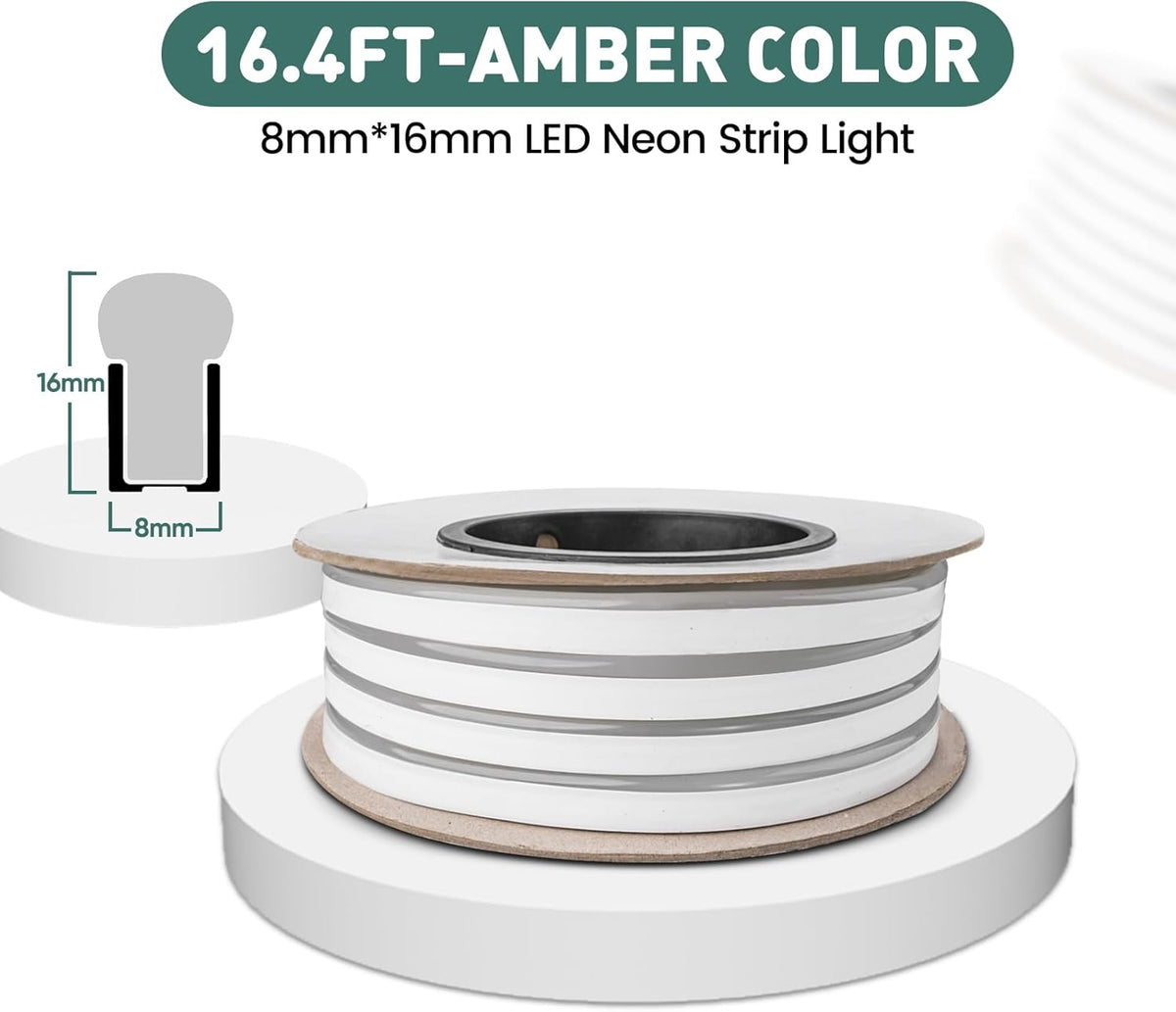 GZBtech Flexible LED Neon Rope Lights 16.4FT,AC 110-120V Waterproof Strip Light, 120LEDs/M Cuttable Connectable Neon Lighting for Indoor Outdoor Home Decor/Commercial Building Use-Amber 5M