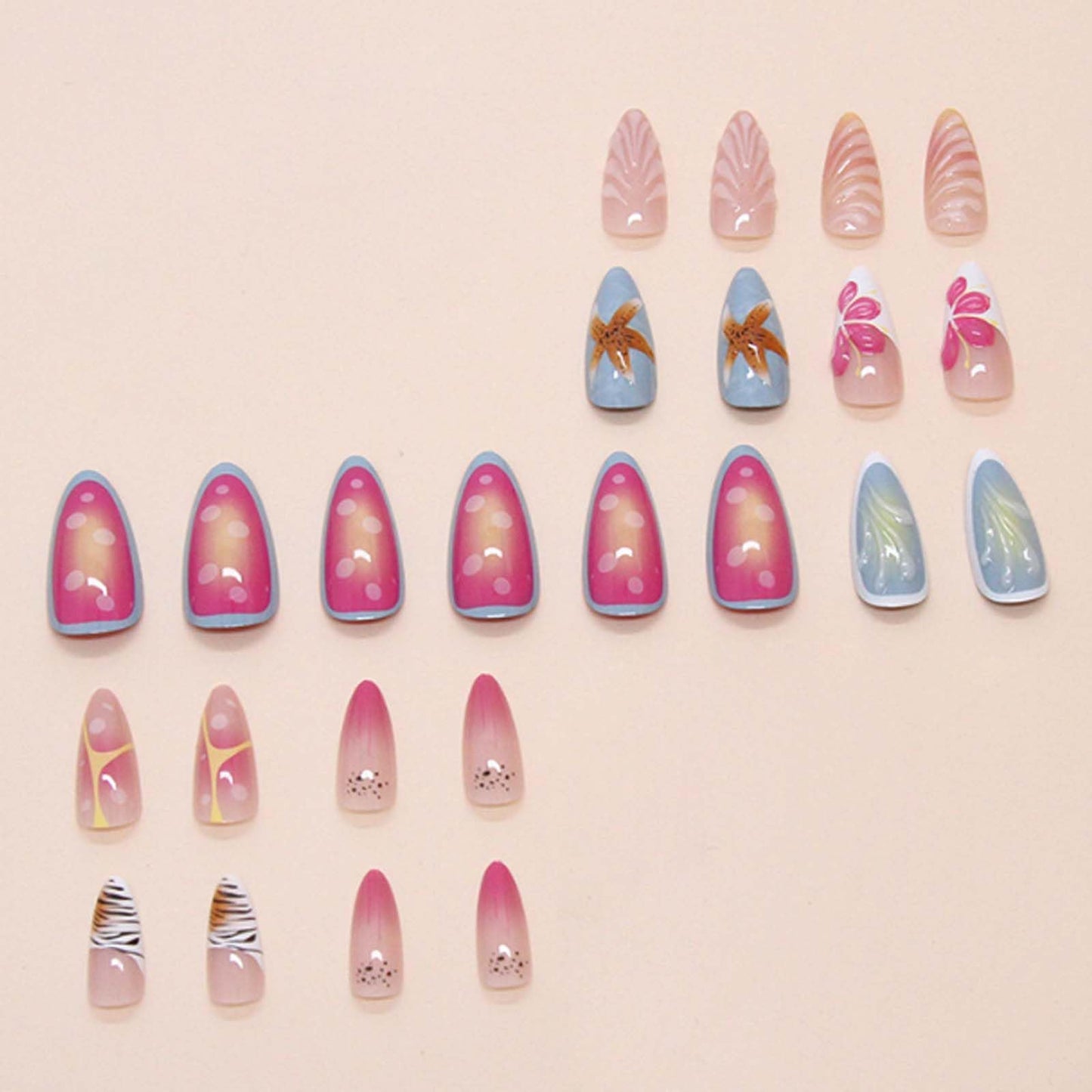 Hkanlre Almond Fake Nude Nails Tips Full Cover False Medium Nails Summer Flower Press on Nails for Women 24PCS