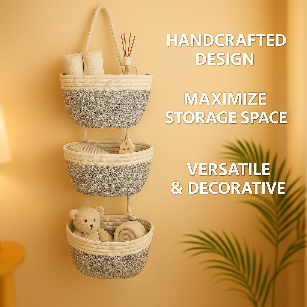 Japanese Handmade Cotton Rope Hanging Basket Organizer – 3 Tier Wall boho Storage Organizer for Toys , Snacks & Décor – Eco-Friendly Coiled Weaving Craft, Housewarming & Shower Gift (White&beige)