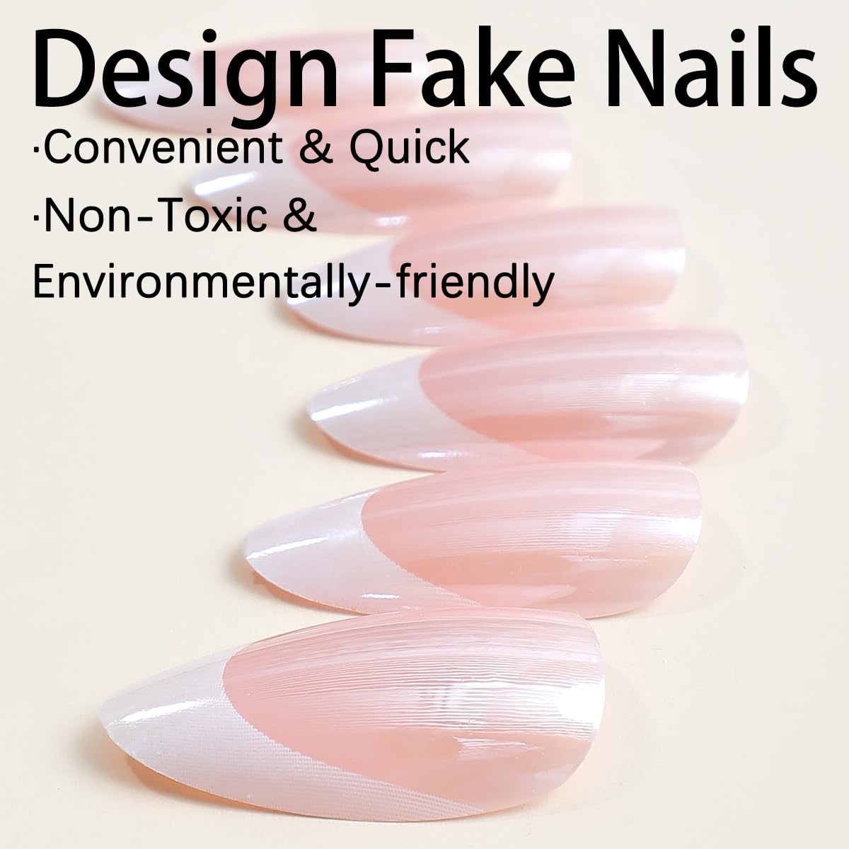 French Tip Press on Nails - Medium Almond Fake Nails - Chrome Design Full Cover Stick on False Nails - for Women 24 Pcs