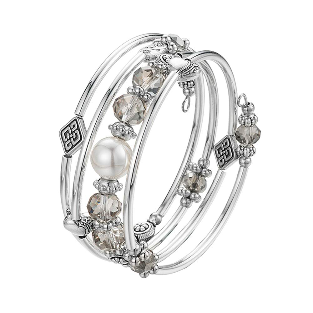 BULINLIN Bead Wrap Bangle Pearl Bracelet - Silver Metal Bracelet Gifts For Women(04-Transparent gray)