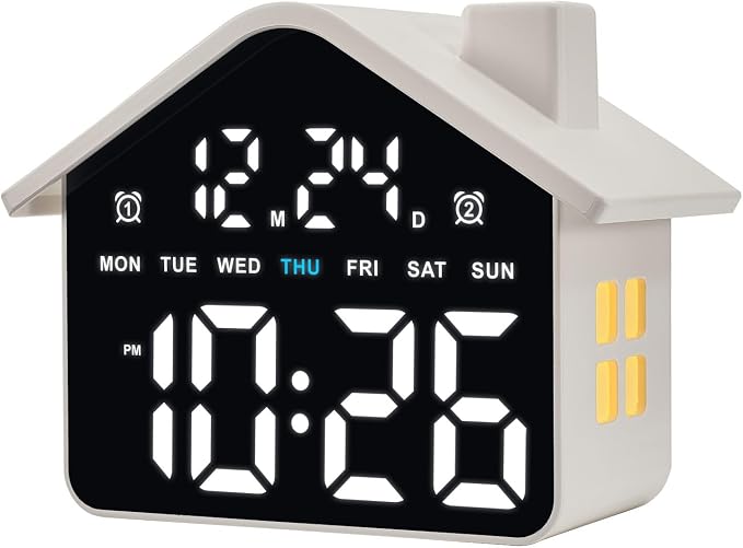Plumeet Digital Alarm Clock, Bedroom Clock with Large Numbers, Date, Week, Dual Alarms, Dimmer and Ambient Light, House-Shaped Electric Bedside Desk Clock, Adapter Batteries Powered, White