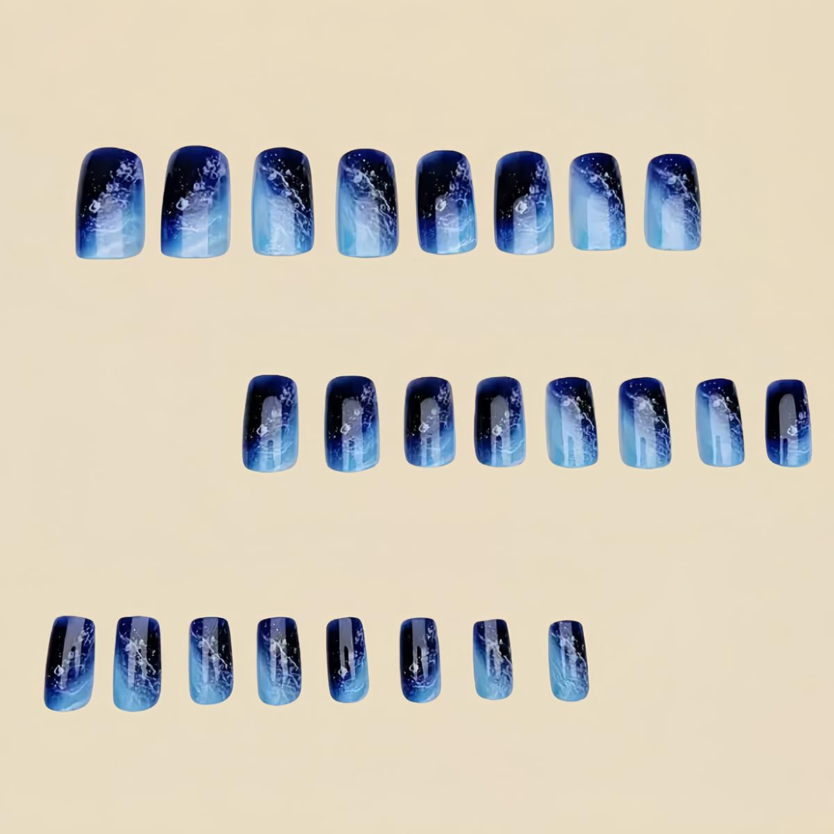24Pcs Ocean Blue Fake Nails Short Medium Square Press on Nails with Dark Blue Gradient Designs Waves Nail Press ons Glossy Full Cover Glue on Nails Reusable Stick on Nail for Women Manicure