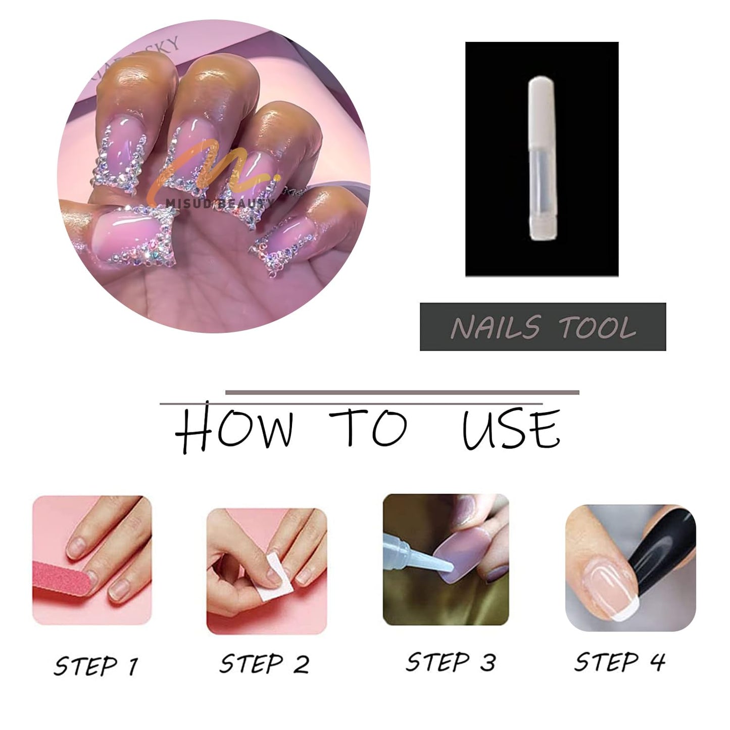 MISUD Press on Nails - Short Square Fake Nails with Bling Glitter, Acrylic Sparkly Rhinestone Design 24 pcs