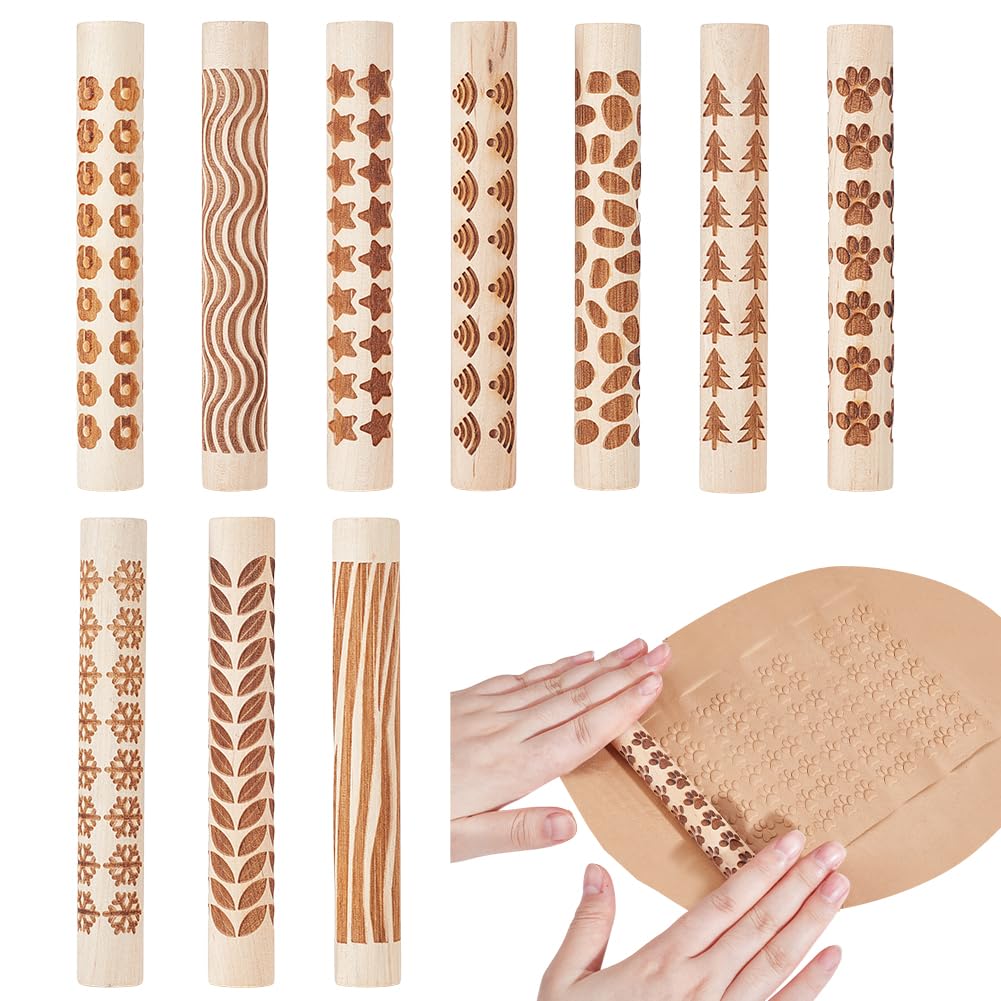 NBEADS 10 Pcs 10 Styles Clay Texture Rollers, Ceramics Potters Stamp Roller Tools Textured Rolling Pins for Slab Building Sculpting Handmade Craft Art DIY Design, 4.37x0.63 inch
