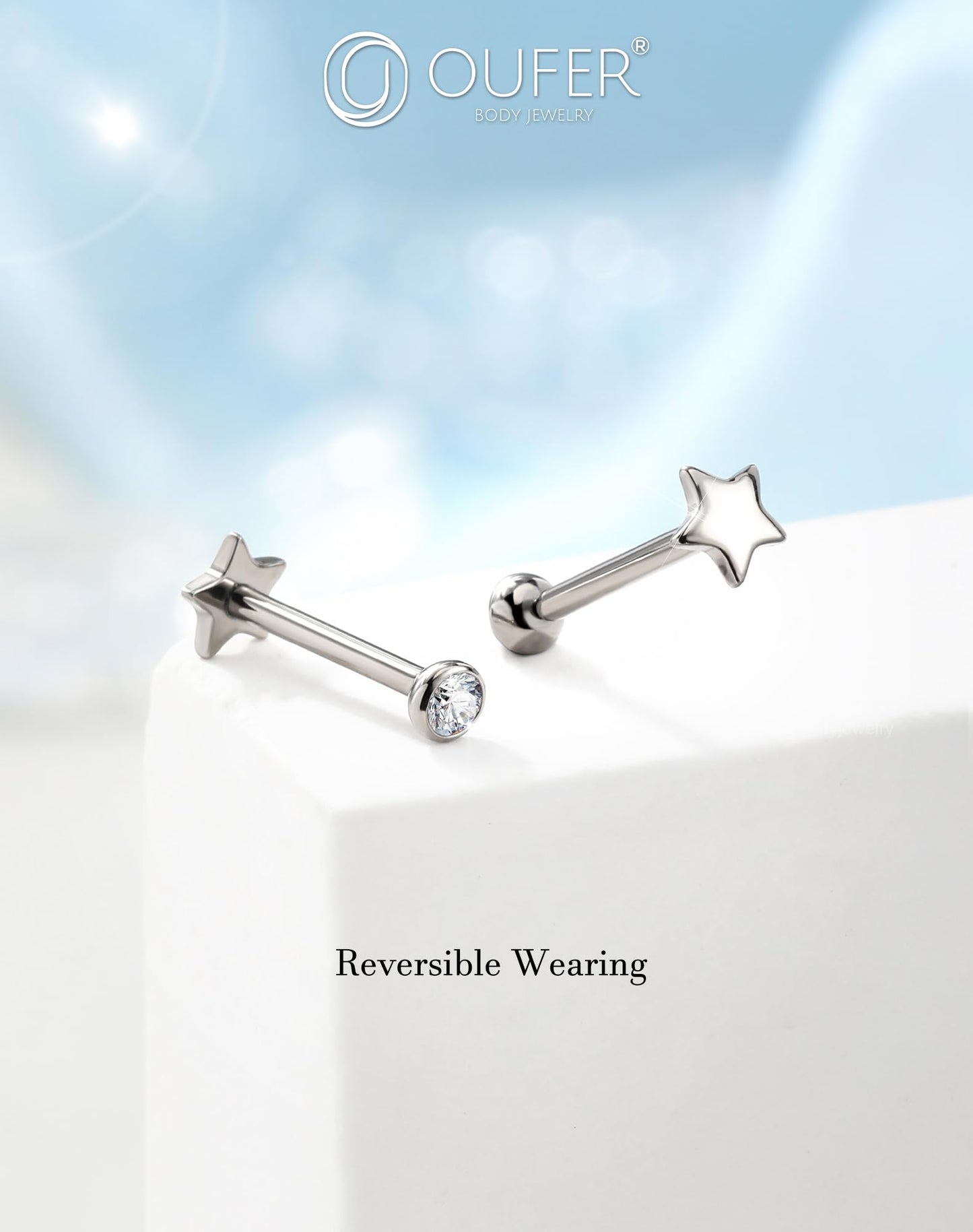 OUFER 2Pcs Tragus Piercing Jewelry, 16G G23 Solid Titanium Threadless Stud Earrings Flat Back Star Shaped 3MM CZ Silver Helix Cartilage Conch Tragus Earrings for Women Men-8MM