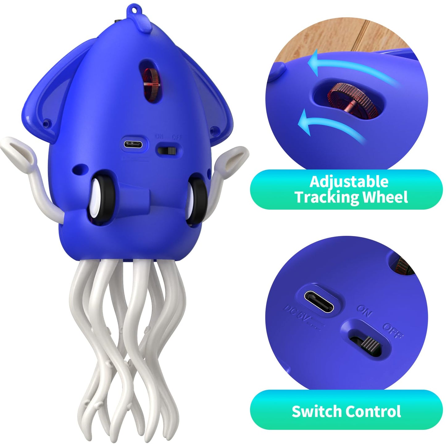 SWTOIPIG Interactive Dancing Octopus Toy,LED Light-Up Music Crawling Squid with Smart Obstacle Avoidance & Fishing Rod,Tummy Time Baby Toy (Blue)