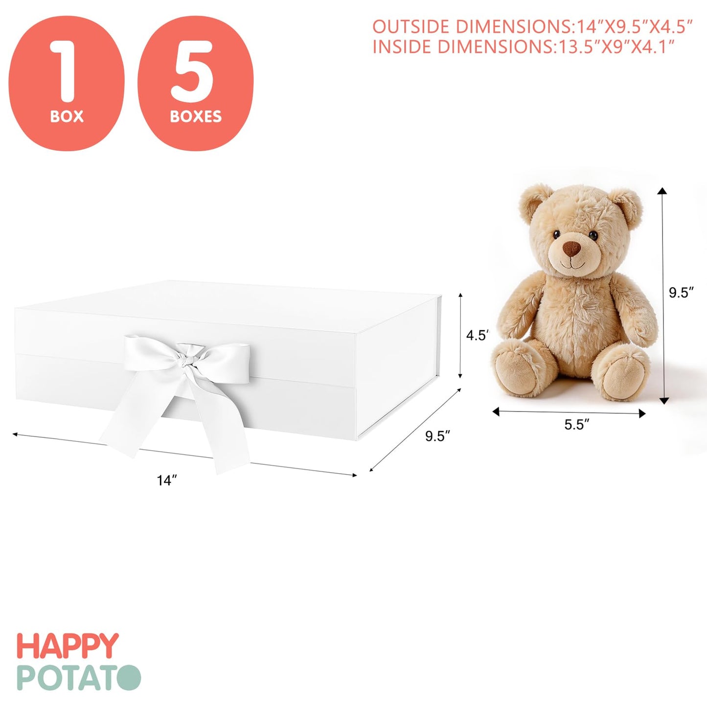 HAPPY POTATO 5 Large Gift Boxes with Lids and Ribbon 13.5x9x4.1 Inches, Bridesmaid Proposal Boxes, Magnetic White Gift Boxes for presents (Glossy White, Pack of 5)
