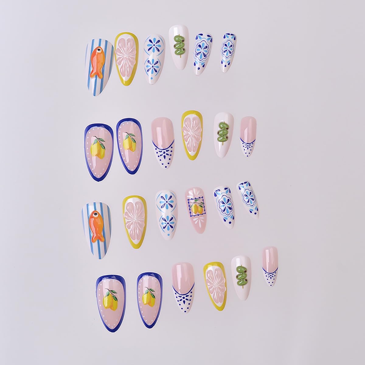 24Pcs Summer Press on Nails Medium Almond Fake Nails Bohemia French Tip Press Ons Design 3D Cute Fish Lemon False Nails Summer Fruit Full Cover Glue on Nails Cute Stick on Nails for Women Acrylic
