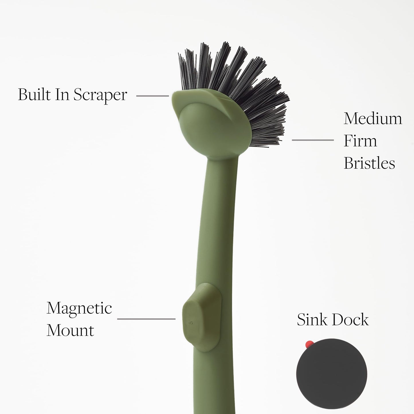 Earth & Mango Magnetic Dish Brush & Scraper, Snaps to Sink, Non-Scratch, Dishwasher Safe, Dish Scrubber – Moss Green