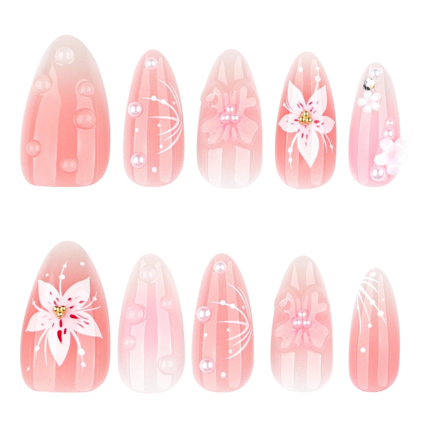 Pink Nude Cherry Blossom Press on Nails, Medium Almond Handmade 3D Flower Fake Nails with Pearl & Rhinestone Designs, Reusable Cute Stick on Nails Spring False Nails for Women 24Pcs