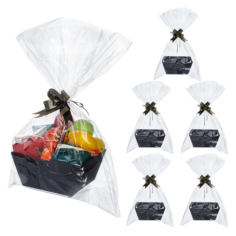 SUPERFINDINGS 6Pcs Black Cardboard Basket Gift Baskets Empty Kit with Plastic Bags and Bowknot Kraft Paper Gift Storage Boxes Sturdy Diy Bulk Gifts Baskets for Easter Christmas Birthday Wedding