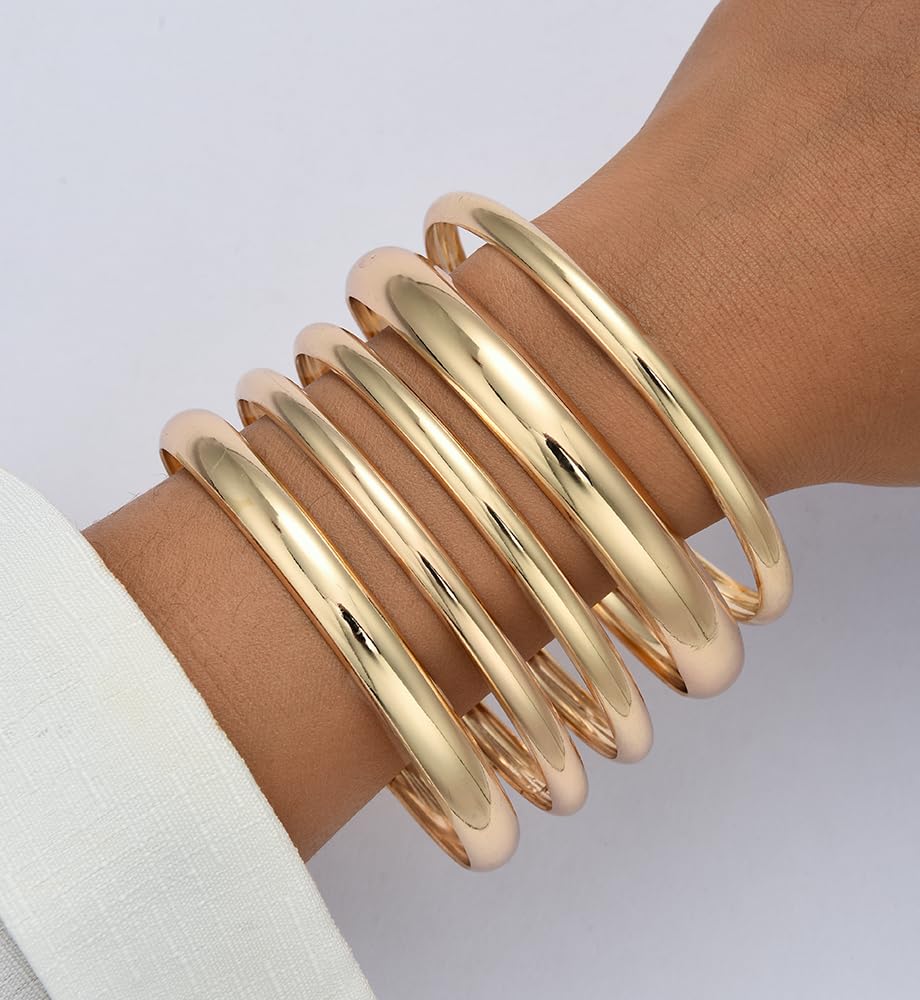 Thin Gold Bangle Bracelets for Women, Dainty 14k Gold Plated Big Stackable Bangles Set, Trendy African Bracelet Stack Fashion Jewelry Gifts (5 Gold african bangles)