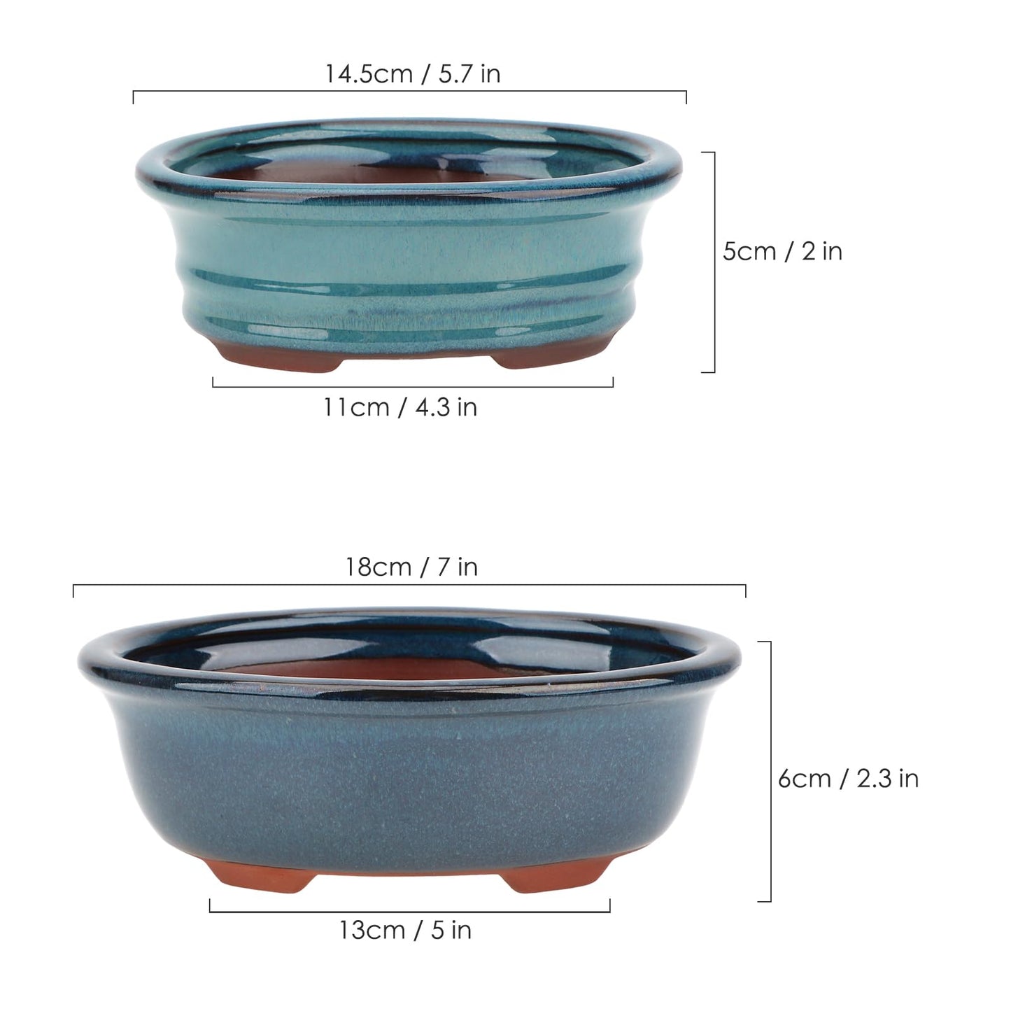 Bonsai Planter Succulent 5.7" 7" Glazed Pots, Value Set of 2 + 4 Soft Mesh Drainage Screens