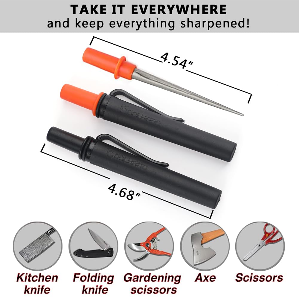 Cool Hand 4.5" Tapered Diamond Knife Sharpener Rod with Fish Hook, Gut Hook and Needle Sharpener, Grit 320/600, 2 Packs with Fine and Coarse grits, Easy to Carry, Serrated knife sharpener