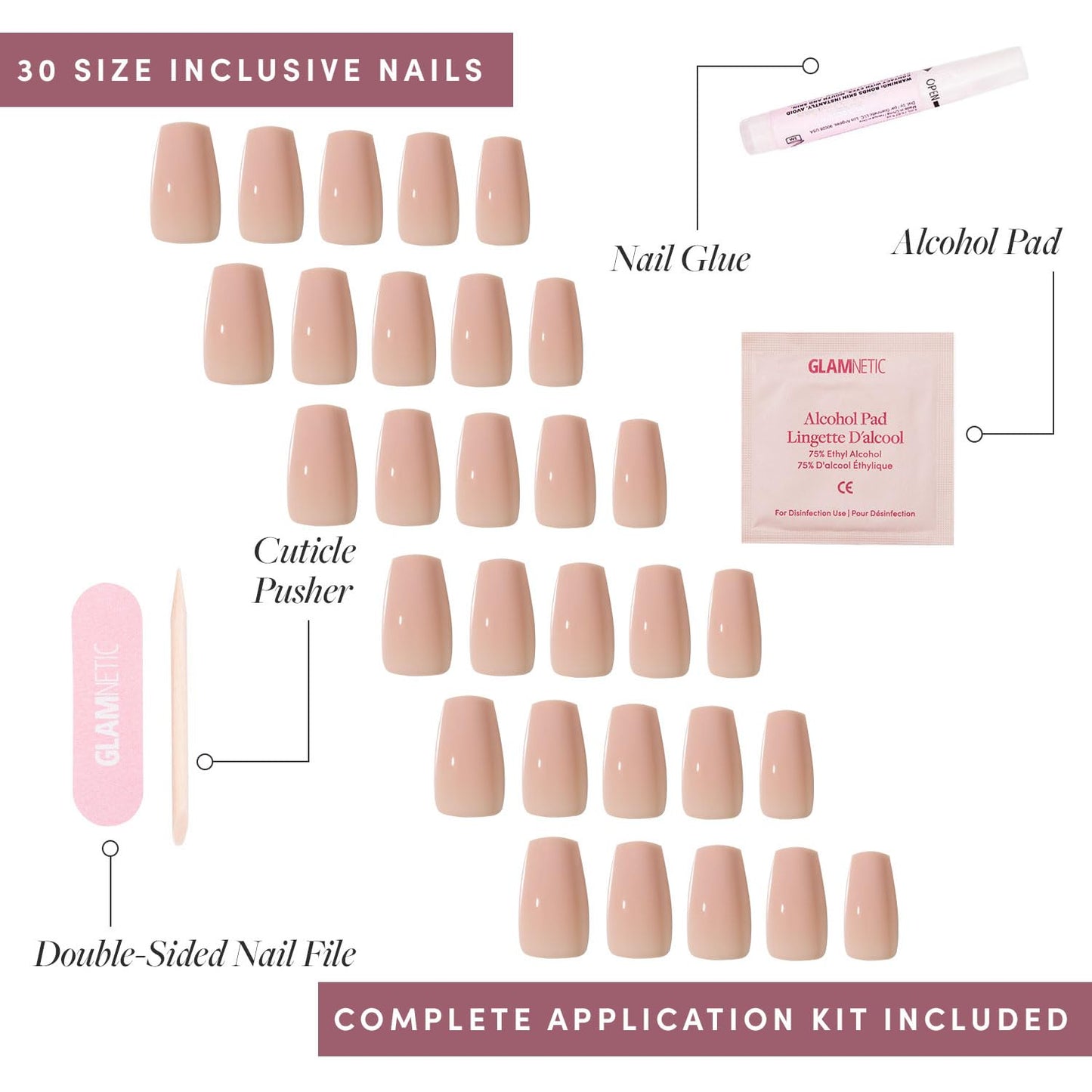 Glamnetic Press On Nails - Exposed | Medium Coffin Fake Nails with Nude Opaque Neutral, Salon Quality | 15 Sizes - 30 Nail Kit