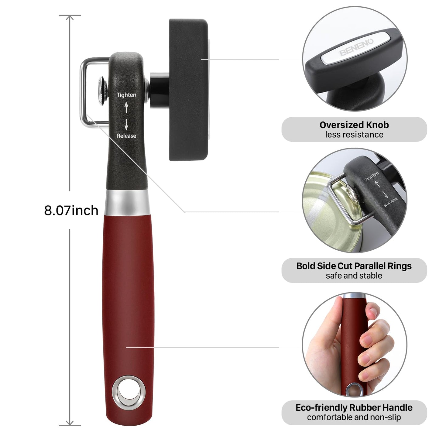 Beneno Can Opener, Manual Side Safe Cut Can Opener Smooth Edge with Durable Sharp Blade, Effort-Saving Knob & Comfortable Non-slip Handle, Red