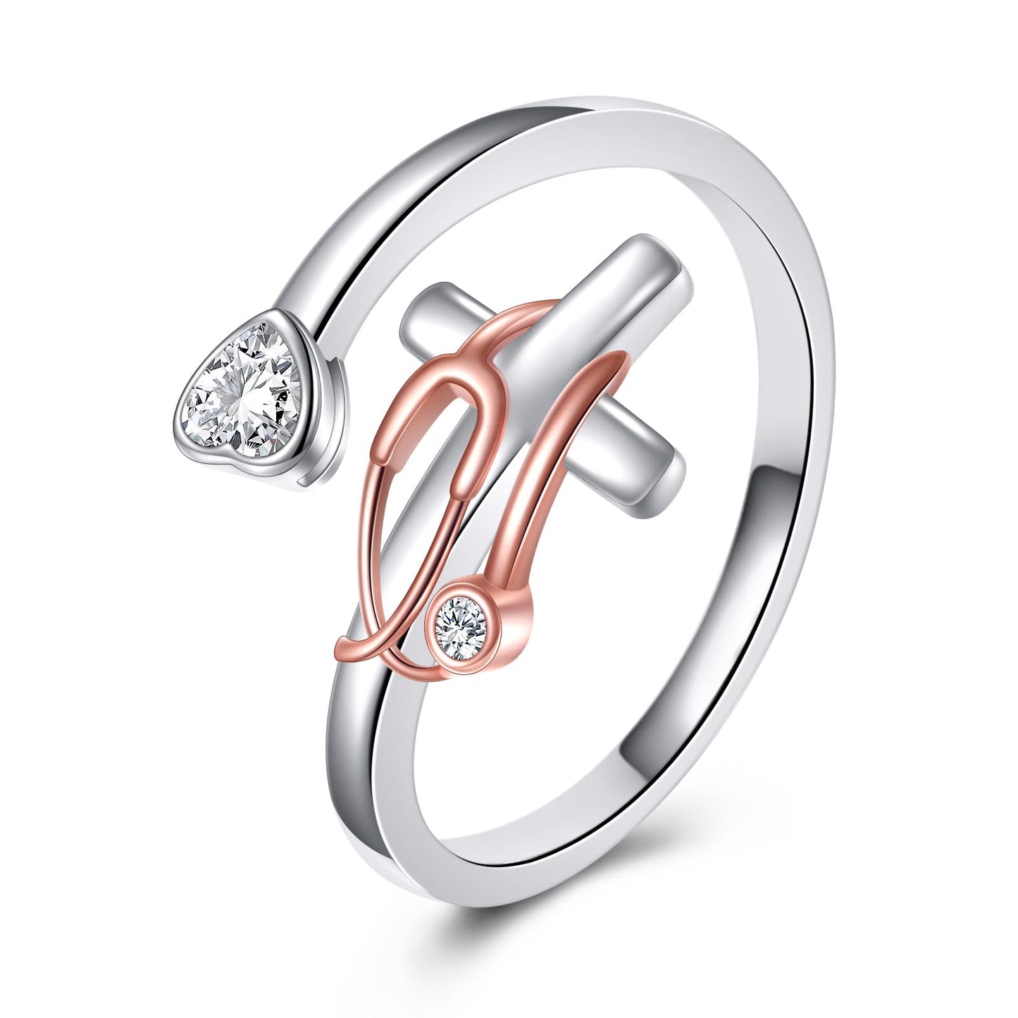 JBAERD Stethoscope Cross Ring Sterling Silver Adjustable Stethoscope Heart Ring Cross Jewelry Gifts for Women Men