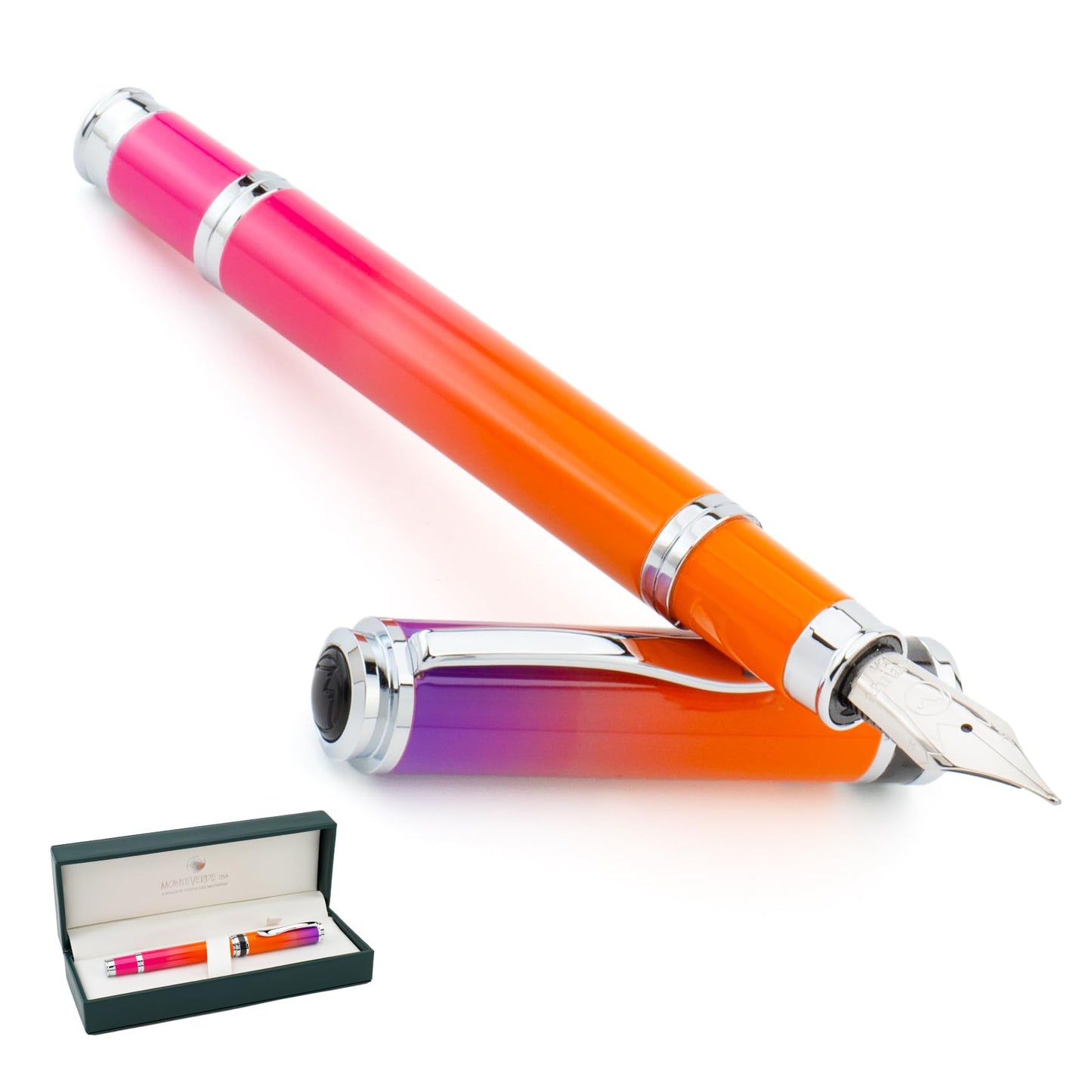 Monteverde USA Innova Ombre Fusion Harmony (Purple/Orange/Pink Gradient Finish) Fountain Pen - Medium Nib, Refillable, Gift Case, Luxury Pen