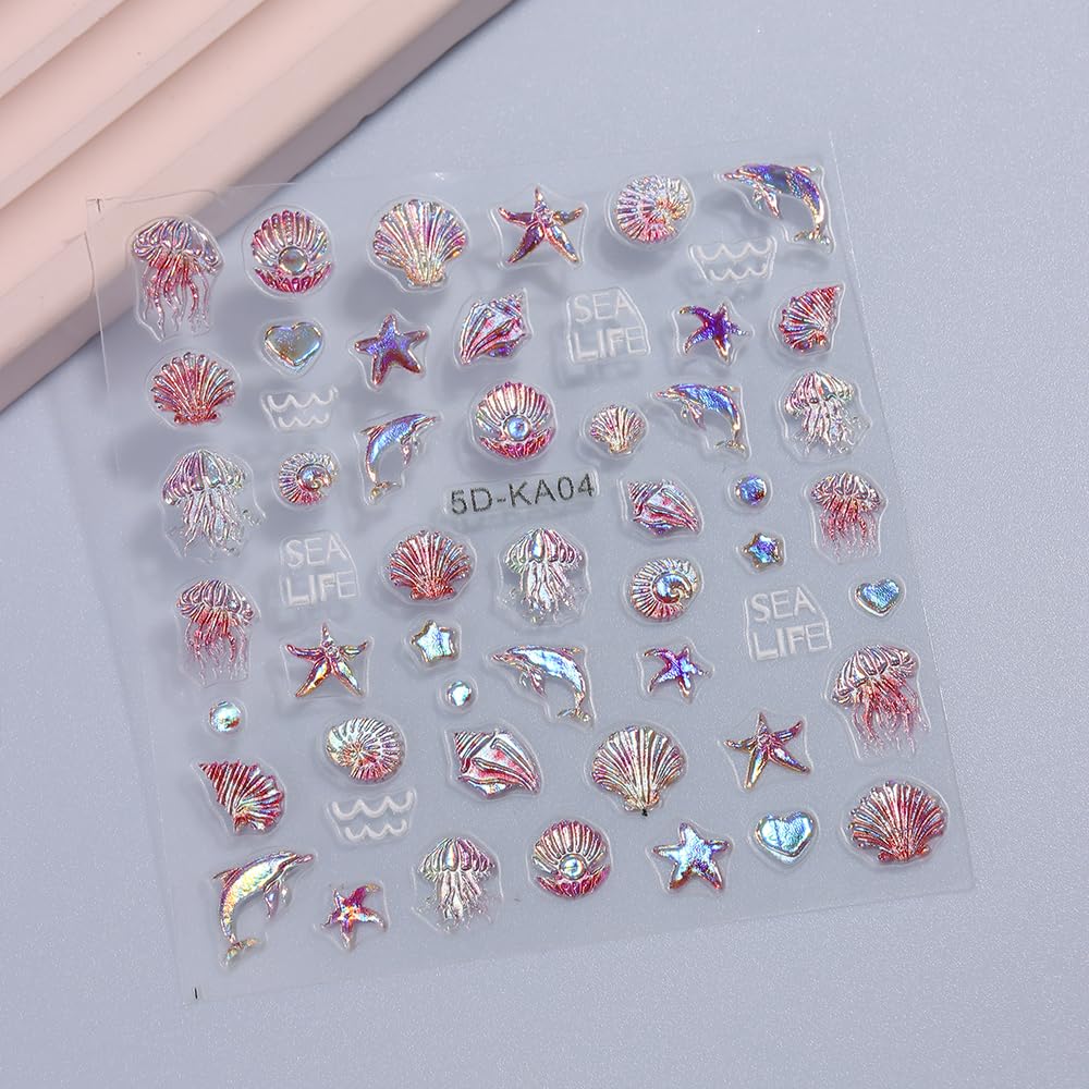 SIMAYKUWA 5D Nail Art Stickers - 3D Shell Octopus Relief Design with Shimmer Glitter for DIY Manicure, Ocean Theme False Nail Decorations A Set of 3 Sheets