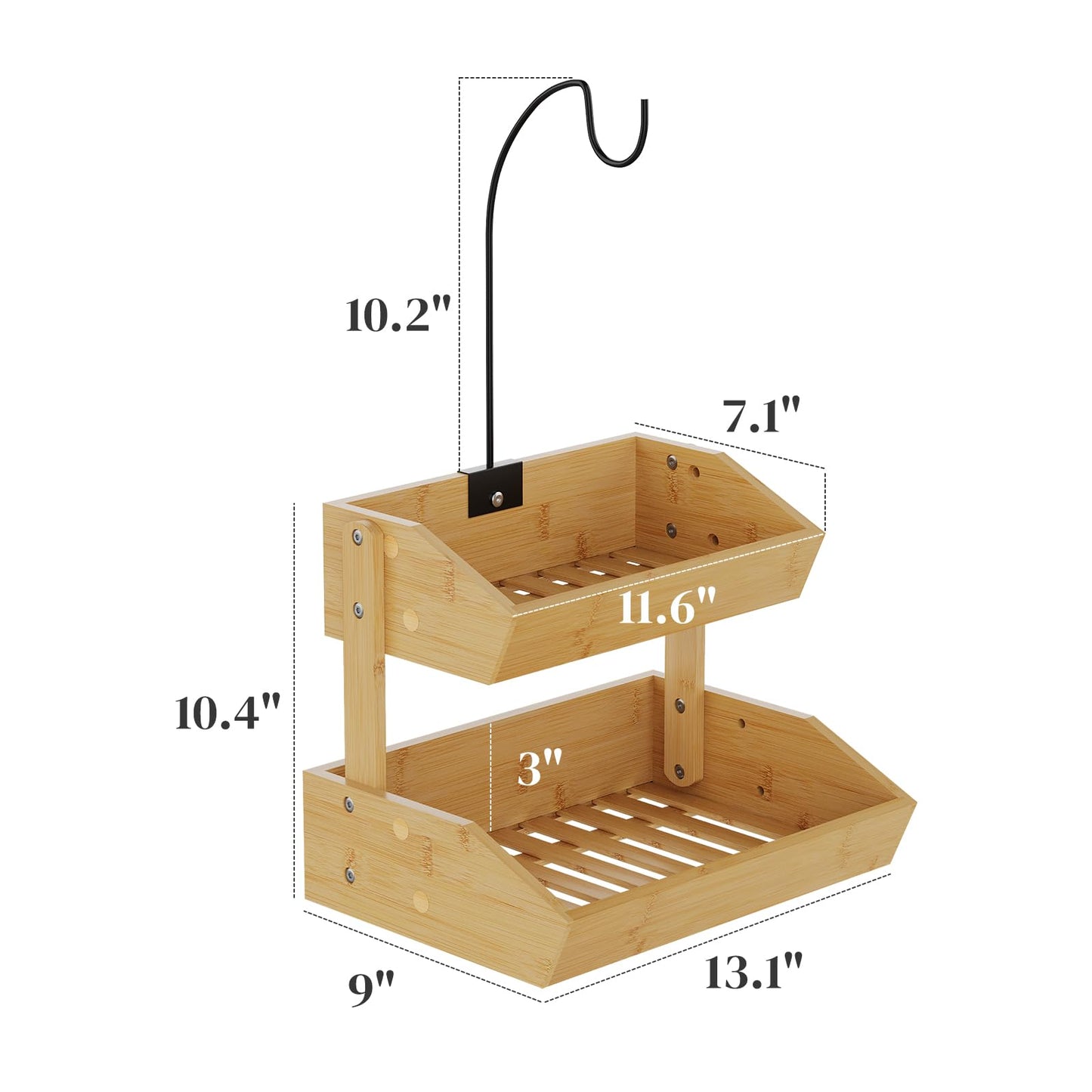 PULIJIAJU Bamboo Fruit Basket, Fruit Holder With Banana Hanger, Fruit Bowl, Kitchen Counter For Fruit and Vegetable Storage, Bread Basket, Snack Organizer Holds (Natural, 2-Tier)