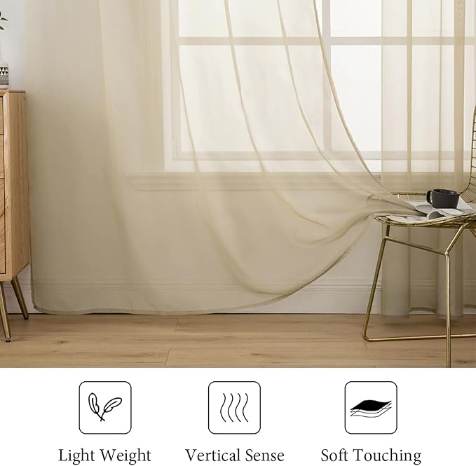 MIULEE 2 Panels Solid Color Sheer Window Curtains Elegant Window Voile Panels/Drapes/Treatment for Bedroom Living Room (54 X 120 Inches Beige)