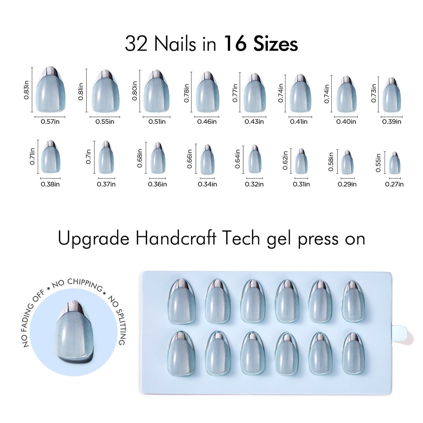 VSALON Almond Short Press on Nails, Silver Chrome Finish Sky Blue Glossy French Tip Reusable False Nails, 32 pcs Opaque Fake Nails Kit in 16 Sizes with Glue & Cuticle Oil
