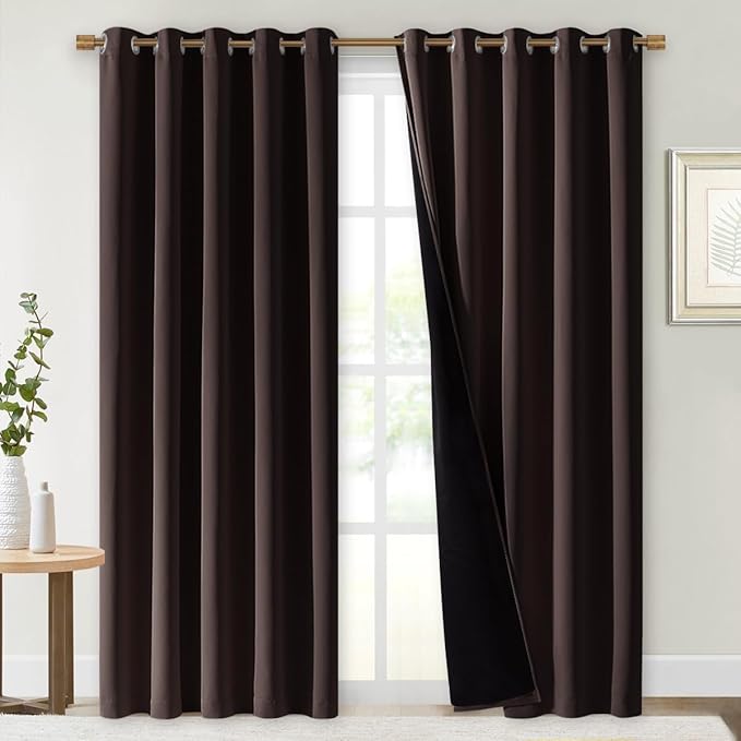 NICETOWN 100% Blackout Window Curtain Panels, Brown, 2 PCs, 62" Wide Each Panel, Cold and Full Light Blocking Drapes with Black Liner for Nursery, 84 inches Drop Thermal Insulated Draperies