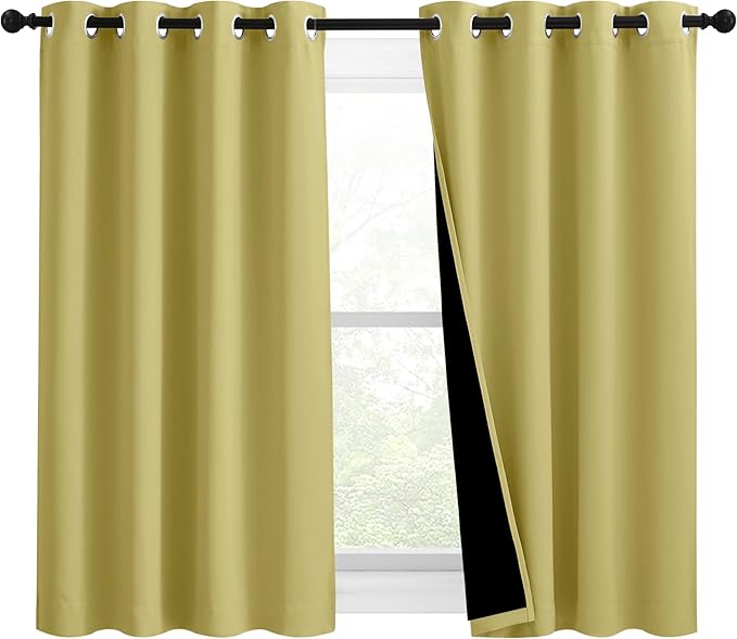 NICETOWN 100% Blackout Blinds, Set of 2, 46 inches x 45 inches, Laundry Room Decor Window Treatment Curtains for Large Patio Sliding Door, Thermal Insulated Paler Yellow Curtains for Bedroom