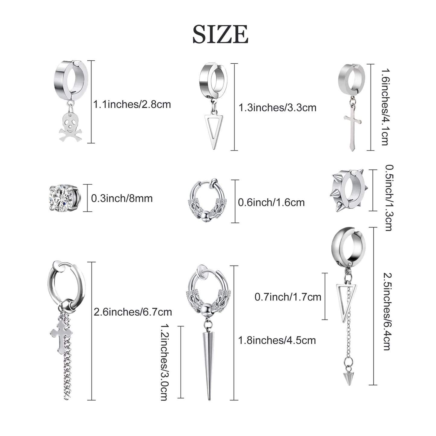 14 Pcs Silver Punk Stainless Steel Fake Piercing Cross Dagger Sword Spike Rivet Triangle Dangle Tassel Clip on Hoop Earrings Set for Women Men, Non Pierced Fake CZ Stud Earrings