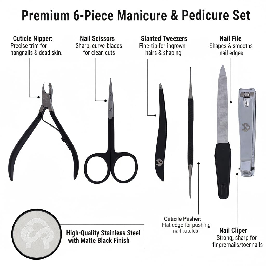Professional Manicure Pedicure Set – Nail Clippers Kit with Cuticle Trimmer, Nail File, Scissors & Grooming Tools in Portable Travel Case for Men & Women - Black